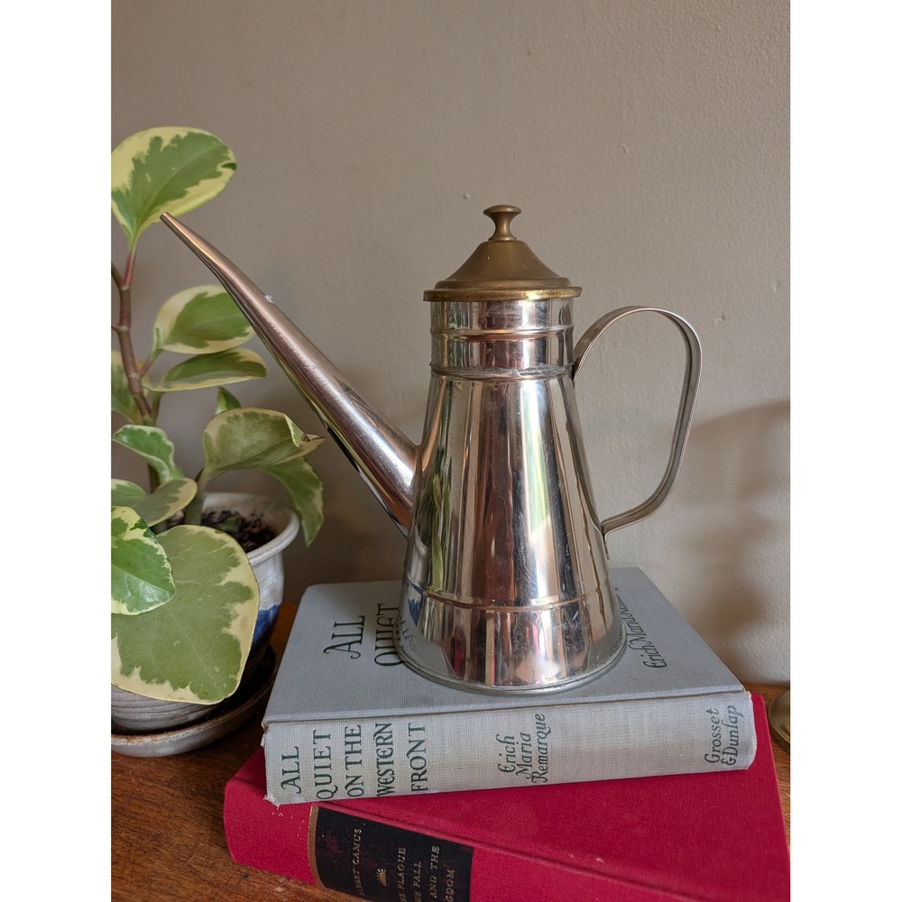 Vintage Stainless Steel Watering Can Brass Hinged Lid Long Spout Oil Drizzler